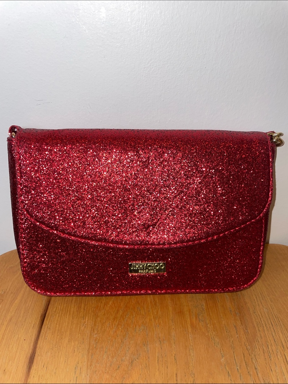 Jimmy Choo Parfums Crossbody Handbag or Clutch in Glitter Red with Gold Chain